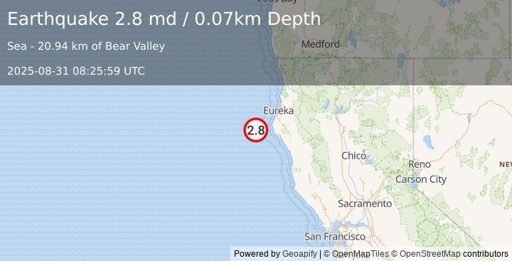 Earthquake 49 km W of Petrolia, CA (2.8 md) (2025-08-31 08:25:59 UTC)