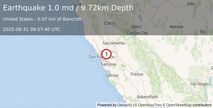 Earthquake 2 km SSE of Pleasant Hill, CA (1.0 md) (2025-08-31 09:57:40 UTC)