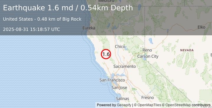 Earthquake 14 km SSE of Lake Pillsbury, CA (1.6 md) (2025-08-31 15:18:57 UTC)