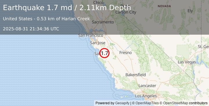 Earthquake 10 km SW of Tres Pinos, CA (1.7 md) (2025-08-31 21:34:36 UTC)