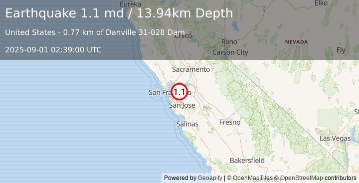 Earthquake 2 km SSW of Danville, CA (1.1 md) (2025-09-01 02:39:00 UTC)