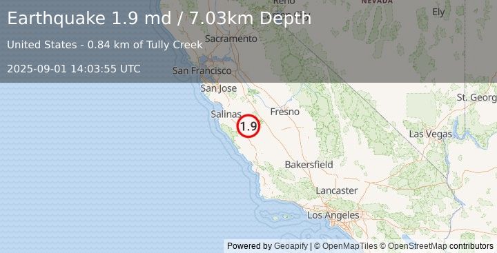 Earthquake 23 km ENE of King City, CA (1.9 md) (2025-09-01 14:03:55 UTC)