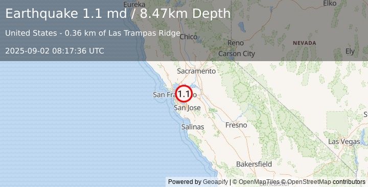 Earthquake 3 km W of Danville, CA (1.1 md) (2025-09-02 08:17:36 UTC)