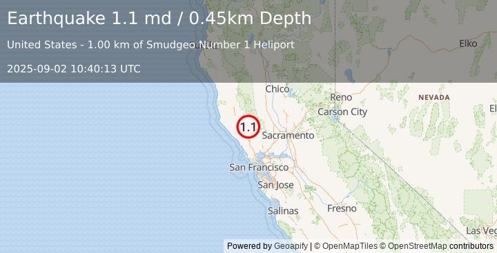 Earthquake 2 km NNE of The Geysers, CA (1.1 md) (2025-09-02 10:40:13 UTC)