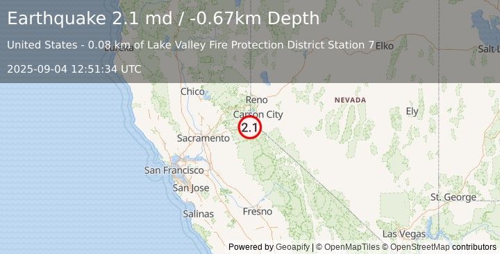 Earthquake 9 km SSW of South Lake Tahoe, CA (2.1 md) (2025-09-04 12:51:34 UTC)