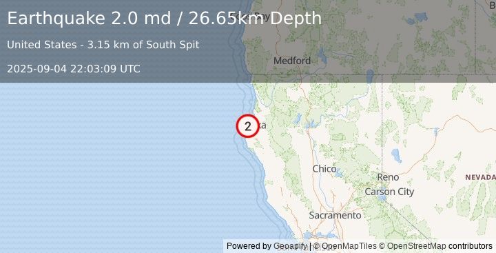 Earthquake 8 km WNW of Humboldt Hill, CA (2.0 md) (2025-09-04 22:03:09 UTC)
