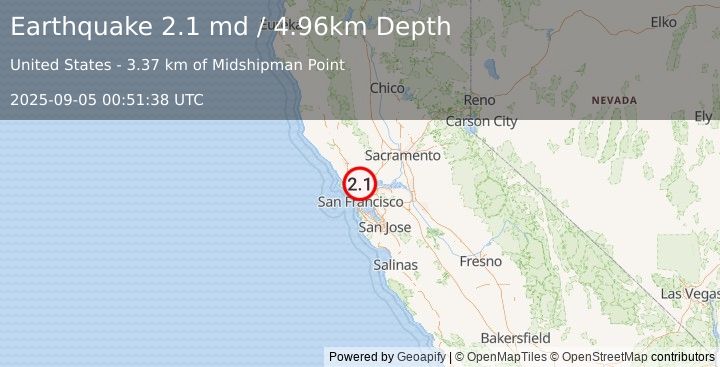 Earthquake 7 km SE of Black Point-Green Point, CA (2.1 md) (2025-09-05 00:51:38 UTC)