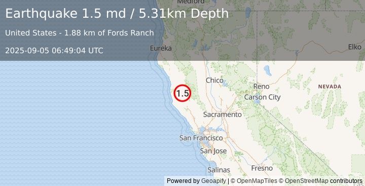 Earthquake 4 km NNW of Redwood Valley, CA (1.5 md) (2025-09-05 06:49:04 UTC)