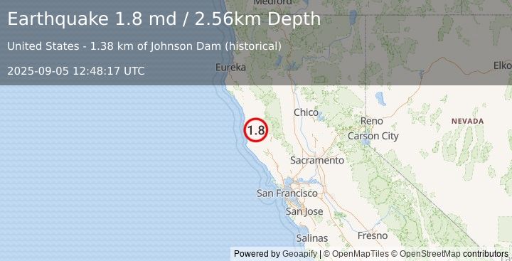 Earthquake 14 km SSW of Willits, CA (1.8 md) (2025-09-05 12:48:17 UTC)
