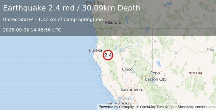Earthquake 7 km WSW of Hayfork, CA (2.4 md) (2025-09-05 14:46:56 UTC)