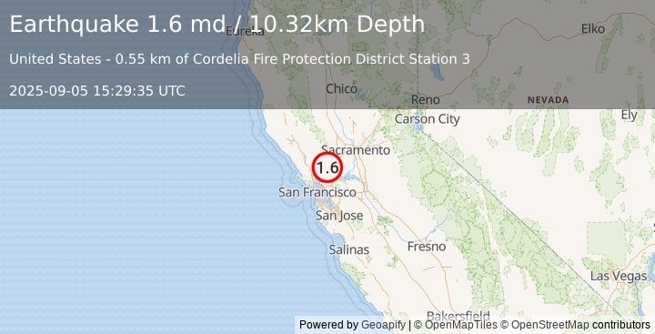 Earthquake 1 km W of Green Valley, CA (1.6 md) (2025-09-05 15:29:35 UTC)