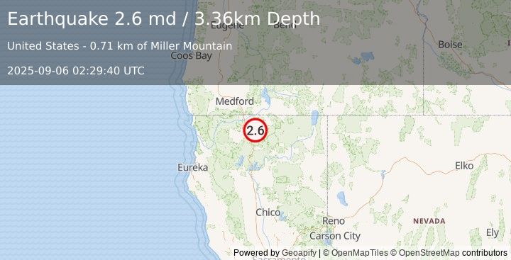 Earthquake 23 km WSW of Mount Hebron, CA (2.6 md) (2025-09-06 02:29:40 UTC)