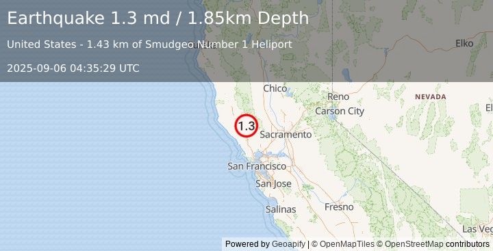 Earthquake 2 km NNE of The Geysers, CA (1.3 md) (2025-09-06 04:35:29 UTC)