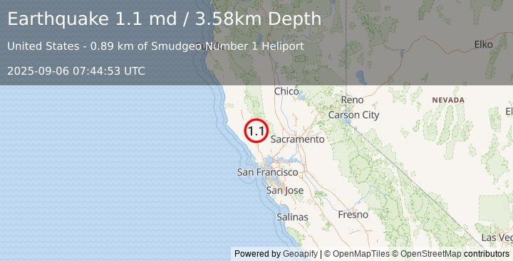 Earthquake 1 km NNW of The Geysers, CA (1.1 md) (2025-09-06 07:44:53 UTC)