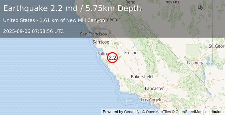 Earthquake 10 km SSE of Pinnacles, CA (2.2 md) (2025-09-06 07:58:56 UTC)