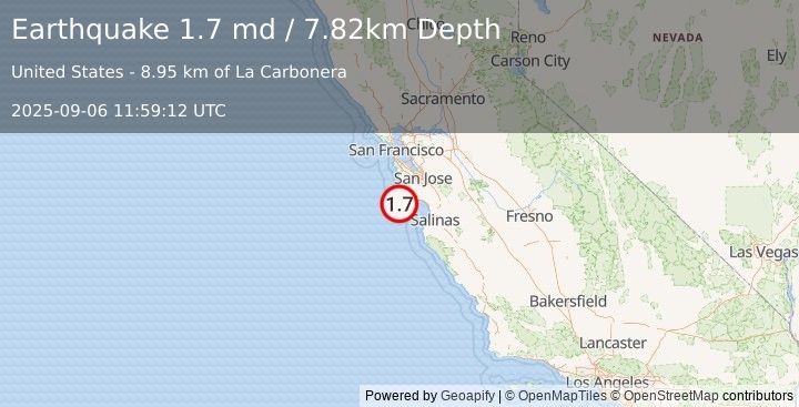 Earthquake 22 km WSW of Bonny Doon, CA (1.7 md) (2025-09-06 11:59:12 UTC)