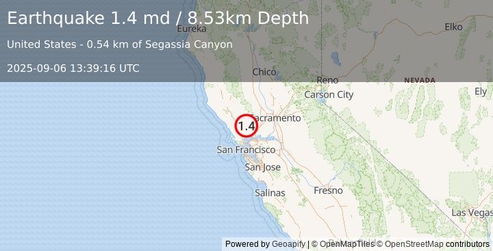 Earthquake 5 km WSW of Yountville, CA (1.4 md) (2025-09-06 13:39:16 UTC)