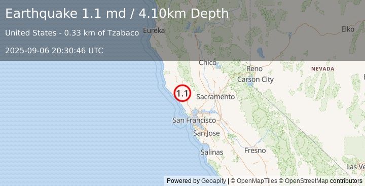 Earthquake 11 km NNW of Healdsburg, CA (1.1 md) (2025-09-06 20:30:46 UTC)