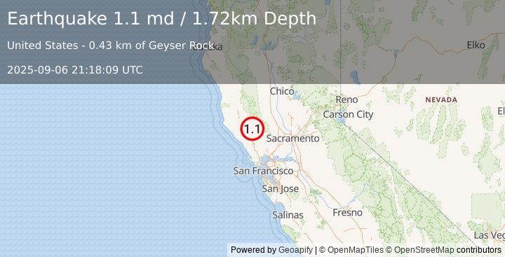 Earthquake 4 km W of Cobb, CA (1.1 md) (2025-09-06 21:18:09 UTC)