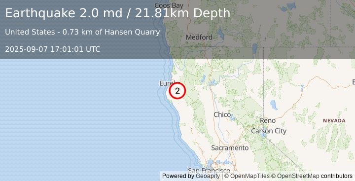 Earthquake 22 km ESE of Hydesville, CA (2.0 md) (2025-09-07 17:01:01 UTC)