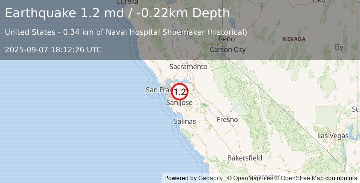 Earthquake 5 km E of Dublin, CA (1.2 md) (2025-09-07 18:12:26 UTC)