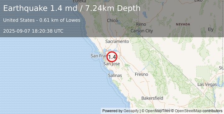 Earthquake 5 km NNE of Pleasanton, CA (1.4 md) (2025-09-07 18:20:38 UTC)