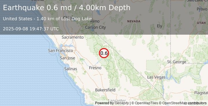 Earthquake 12 km W of Mammoth Lakes, CA (0.6 md) (2025-09-08 19:47:37 UTC)