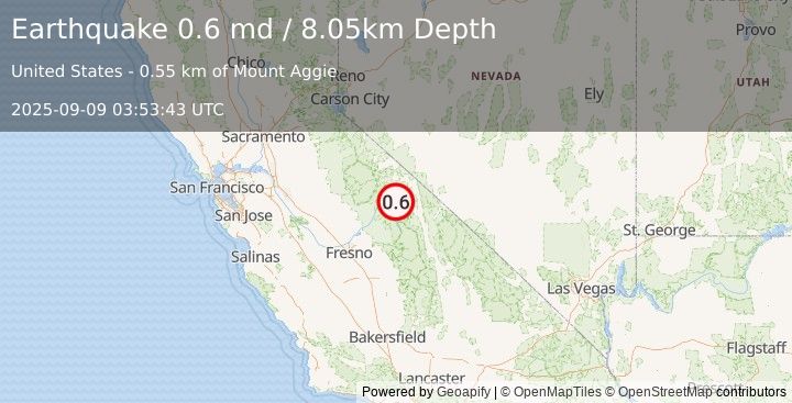 Earthquake 15 km W of Toms Place, CA (0.6 md) (2025-09-09 03:53:43 UTC)