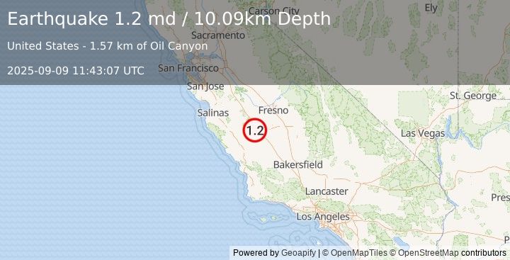 Earthquake 11 km NNE of Coalinga, CA (1.2 md) (2025-09-09 11:43:07 UTC)
