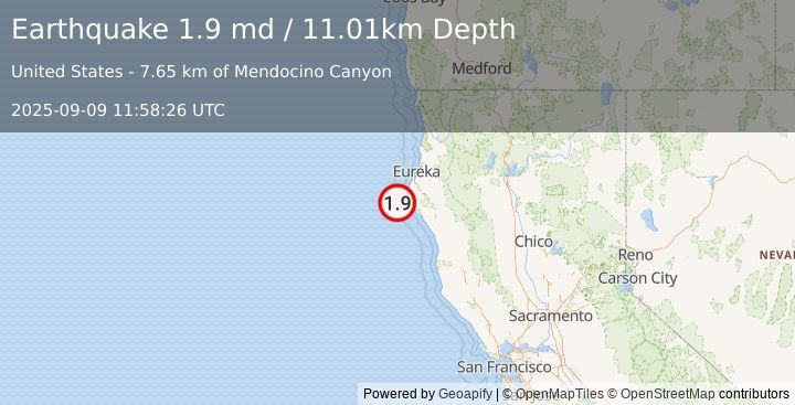 Earthquake 22 km W of Petrolia, CA (1.9 md) (2025-09-09 11:58:26 UTC)