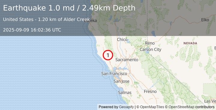 Earthquake 13 km NW of The Geysers, CA (1.0 md) (2025-09-09 16:02:36 UTC)