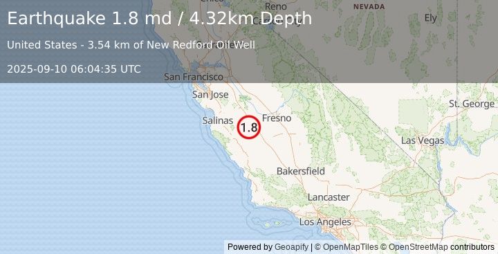 Earthquake 10 km NNE of New Idria, CA (1.8 md) (2025-09-10 06:04:35 UTC)