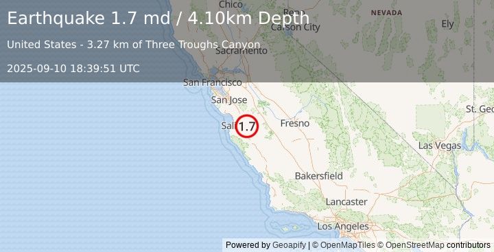Earthquake 14 km S of Tres Pinos, CA (1.7 md) (2025-09-10 18:39:51 UTC)
