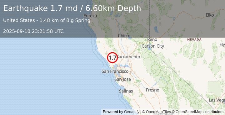 Earthquake 6 km SSW of Calistoga, CA (1.7 md) (2025-09-10 23:21:58 UTC)