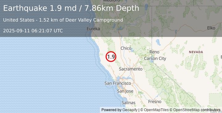 Earthquake 11 km NNE of Upper Lake, CA (1.9 md) (2025-09-11 06:21:07 UTC)