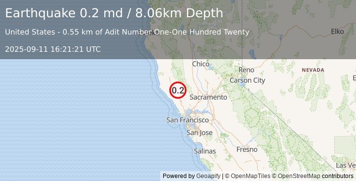 Earthquake 9 km WNW of The Geysers, CA (0.2 md) (2025-09-11 16:21:21 UTC)