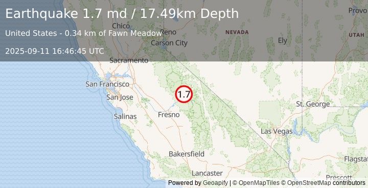 Earthquake 26 km SW of Mammoth Lakes, CA (1.7 md) (2025-09-11 16:46:45 UTC)
