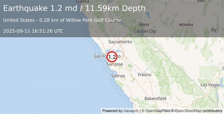 Earthquake 4 km NNE of Castro Valley, CA (1.2 md) (2025-09-11 16:51:26 UTC)
