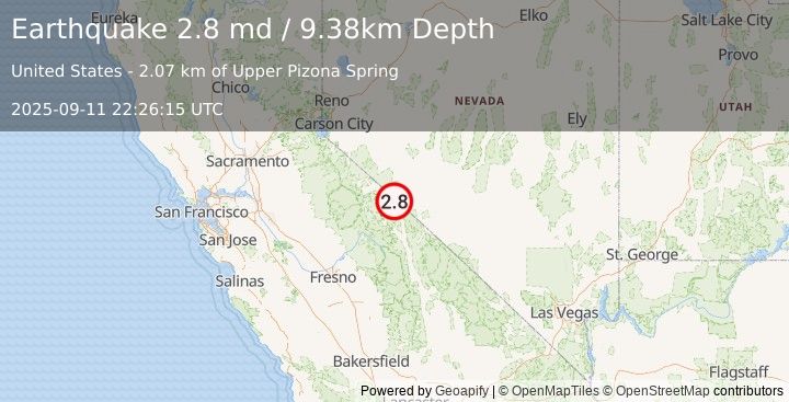 Earthquake 40 km SSW of Qualeys Camp, NV (2.8 md) (2025-09-11 22:26:15 UTC)