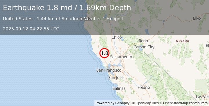 Earthquake 2 km NNE of The Geysers, CA (1.8 md) (2025-09-12 04:22:55 UTC)