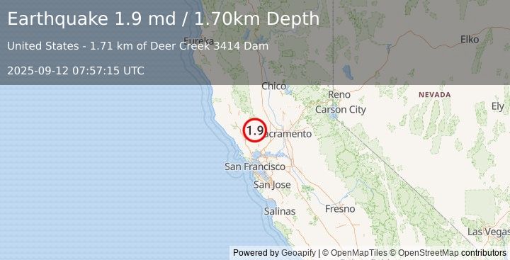 Earthquake 10 km NNE of Angwin, CA (1.9 md) (2025-09-12 07:57:15 UTC)