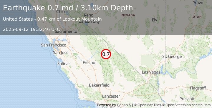 Earthquake 12 km W of Wilkerson, CA (0.7 md) (2025-09-12 19:32:46 UTC)