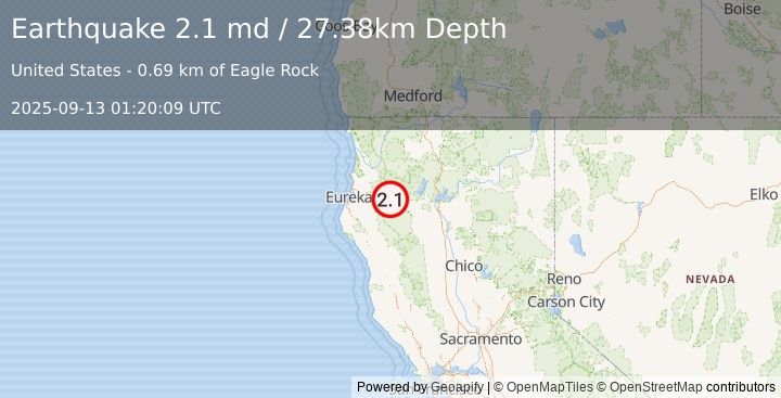 Earthquake 25 km NNW of Hayfork, CA (2.1 md) (2025-09-13 01:20:09 UTC)