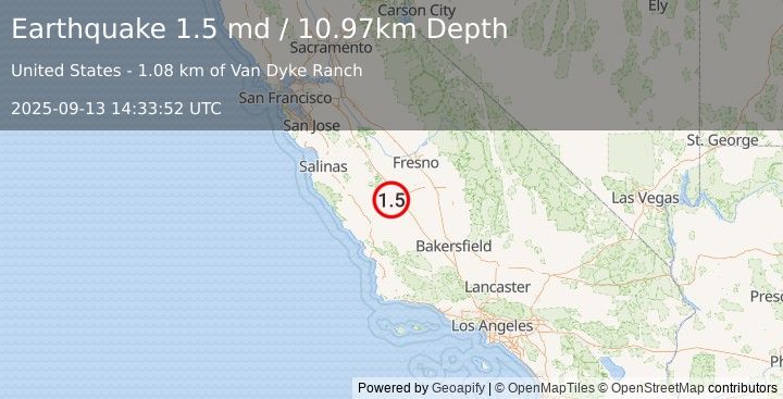 Earthquake 8 km ESE of Coalinga, CA (1.5 md) (2025-09-13 14:33:52 UTC)