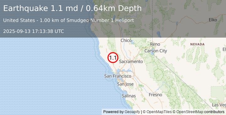 Earthquake 2 km NNE of The Geysers, CA (1.1 md) (2025-09-13 17:13:38 UTC)