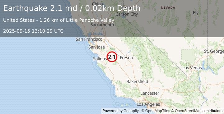 Earthquake 26 km SW of South Dos Palos, CA (2.1 md) (2025-09-15 13:10:29 UTC)