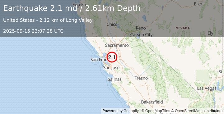 Earthquake 9 km ESE of Clayton, CA (2.1 md) (2025-09-15 23:07:28 UTC)