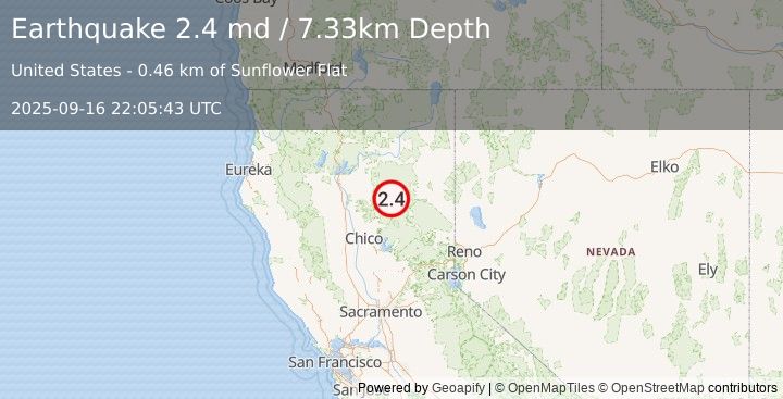 Earthquake 5 km NW of Chester, CA (2.4 md) (2025-09-16 22:05:43 UTC)