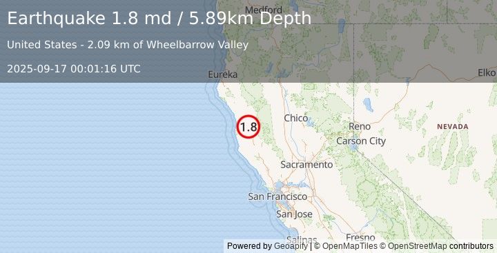 Earthquake 8 km NNE of Brooktrails, CA (1.8 md) (2025-09-17 00:01:16 UTC)