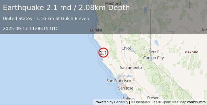 Earthquake 18 km WNW of Brooktrails, CA (2.1 md) (2025-09-17 11:06:15 UTC)